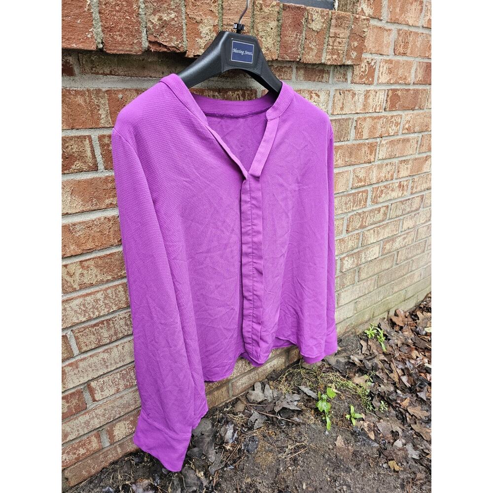 Magenta Purple Textured Crepe Henley Blouse Boxy Relaxed Fit Pullover Top XL